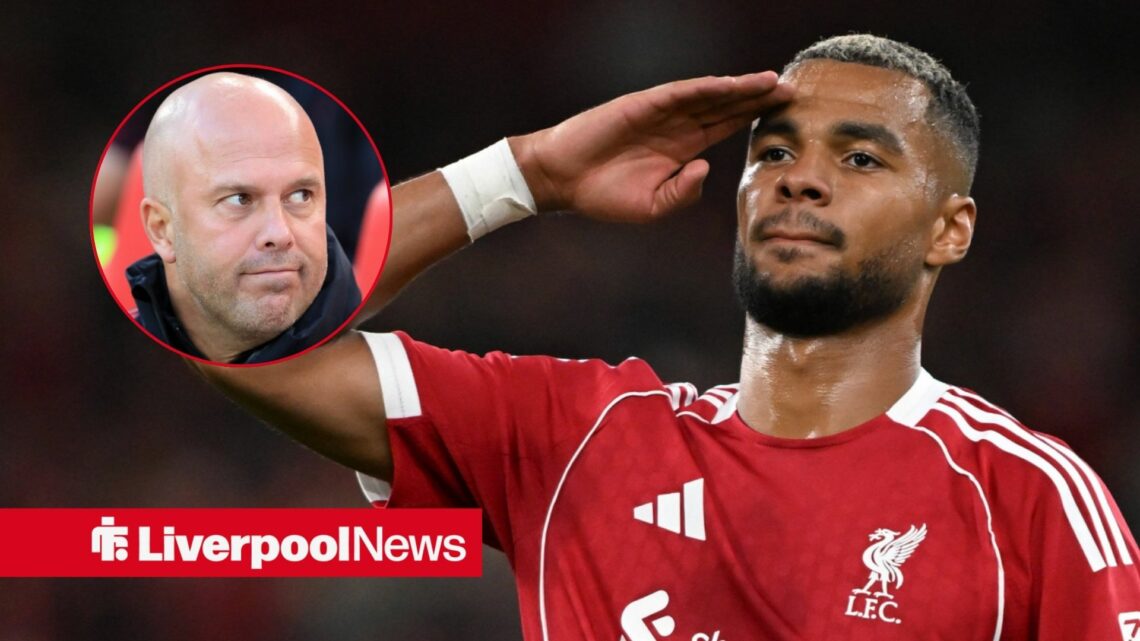 Liverpool star Cody Gakpo celebrating, Arne Slot in inset.