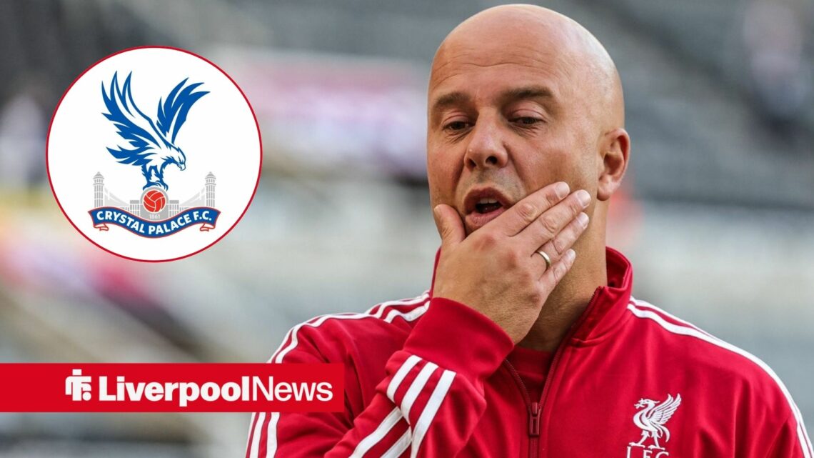 An image of Arne Slot thinking, next to a circular inset of a Crystal Palace badge
