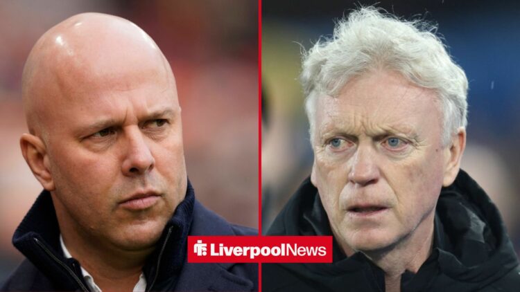 Liverpool manager Arne Slot looking moody, David Moyes looking angry.