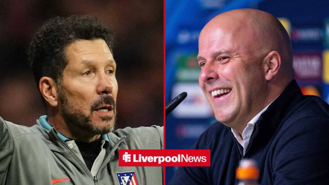 An image of Diego Simeone complaining on the touchline, next to an image of Arne Slot smiling in a press conference