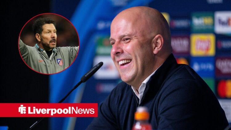 Liverpool boss Arne Slot looking happy, Diego Simeone looking angry in inset.