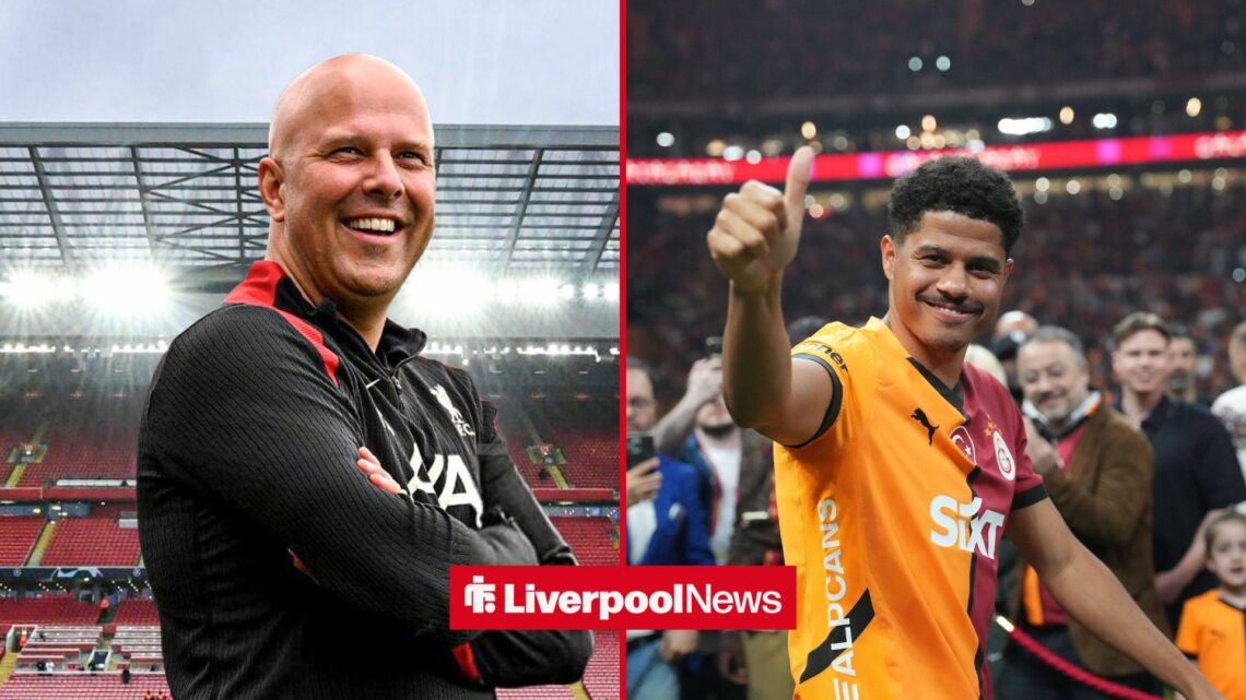 An image of Arne Slot looking happy, next to an image of Gabriel Sara holding his thumb up at Galatasaray
