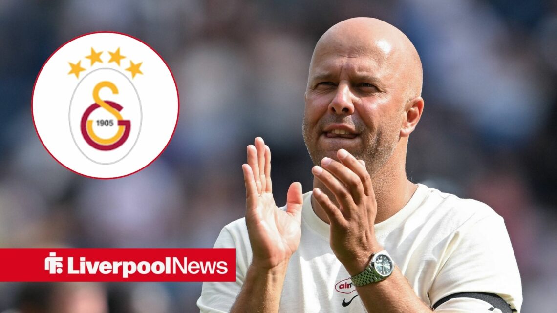 An image of Arne Slot clapping Liverpool fans, next to a circular inset of a Liverpool badge