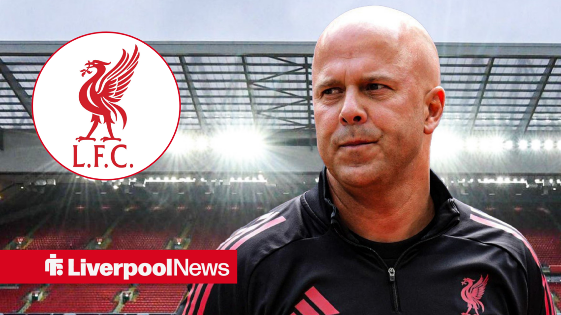 An image of Arne Slot looking confident, next to a circular inset of the Liverpool badge