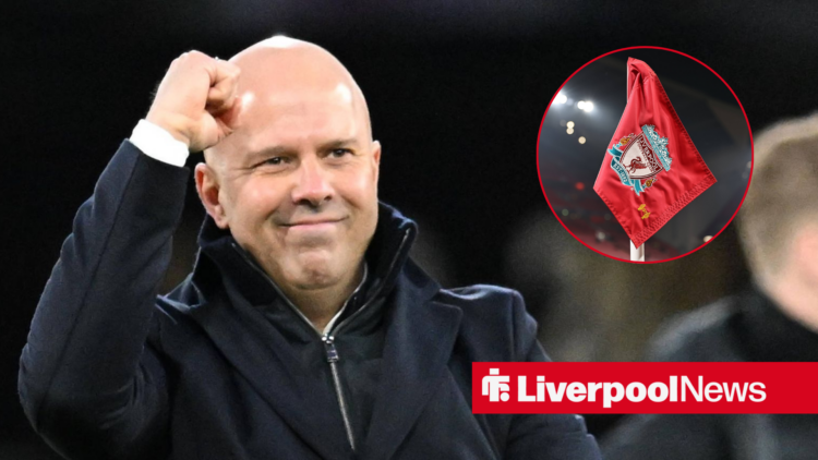 Liverpool manager Arne Slot celebrating, Anfield in inset.
