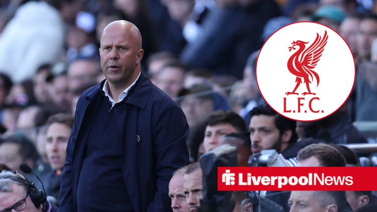 An image of Arne Slot looking worried, next to a circular inset of the Liverpool badge