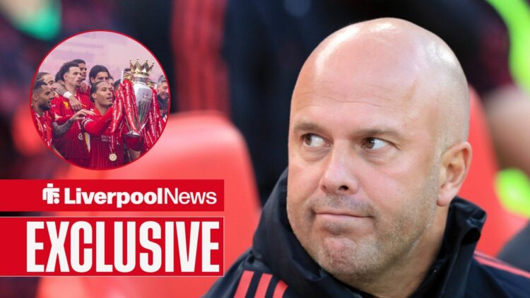 Liverpool boss Arne Slot looking miserable, Virgil van Dijk lifting the title in inset.
