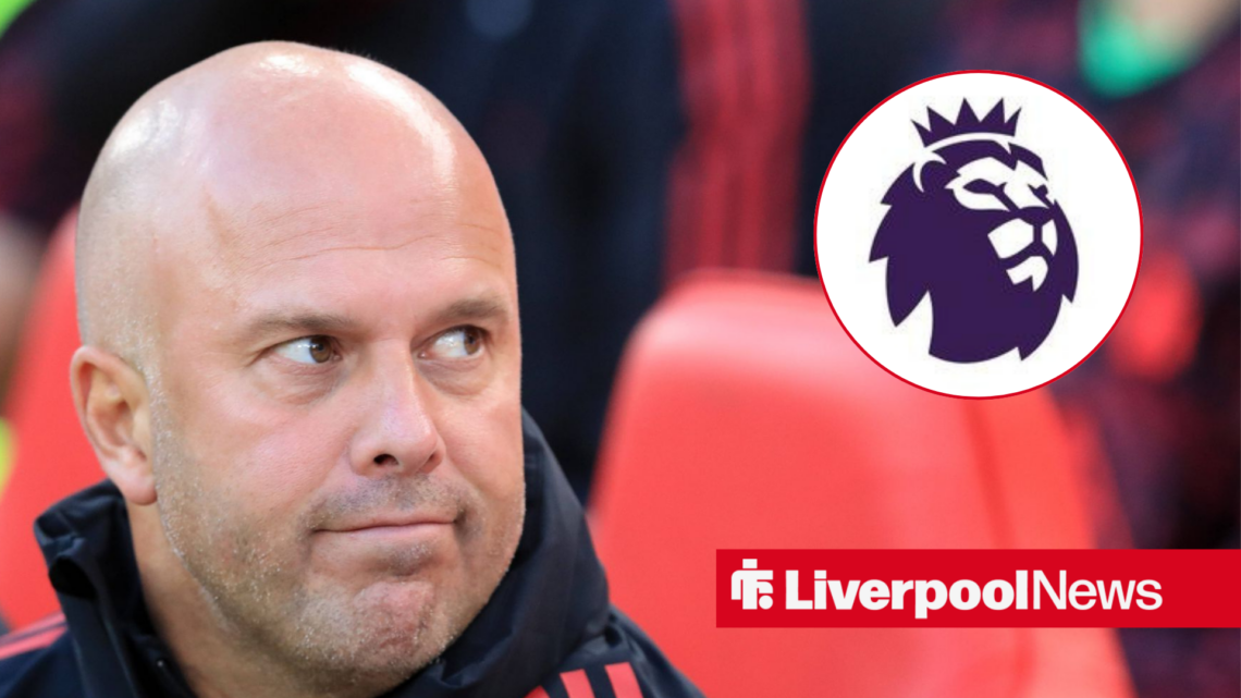 Liverpool boss Arne Slot looking furious and the Premier League badge.