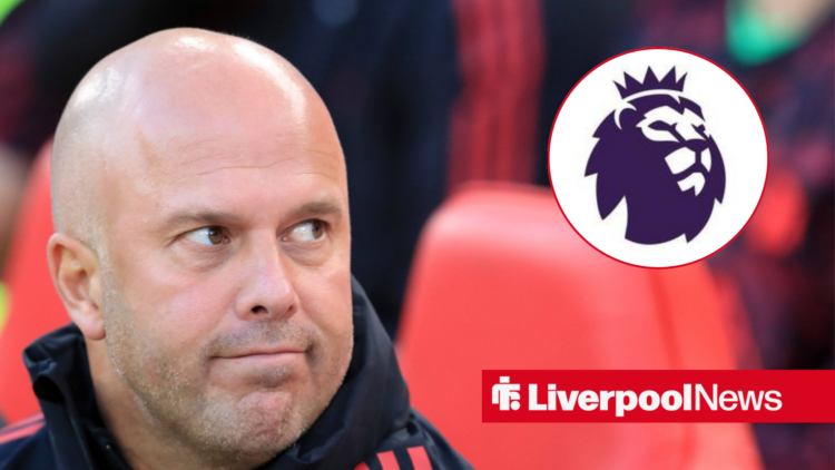 Liverpool boss Arne Slot looking furious and the Premier League badge.