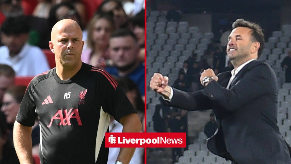 An image of Arne Slot looking worried, next to an image of Okan Buruk celebrating a Galatasaray win