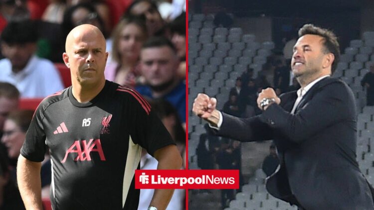 An image of Arne Slot looking worried, next to an image of Okan Buruk celebrating a Galatasaray win