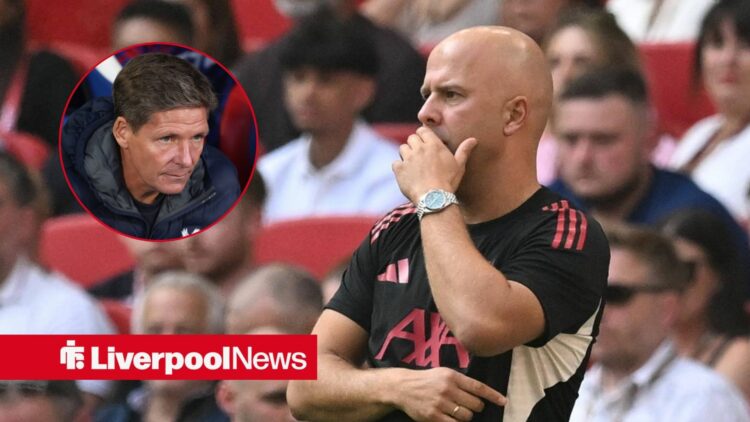 Liverpool boss Arne Slot looking concerned, Oliver Glasner in inset.