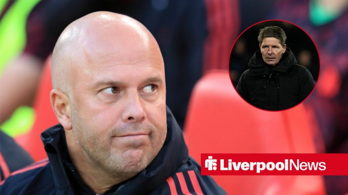 Liverpool boss Arne Slot looking concerned, Oliver Glasner in inset.