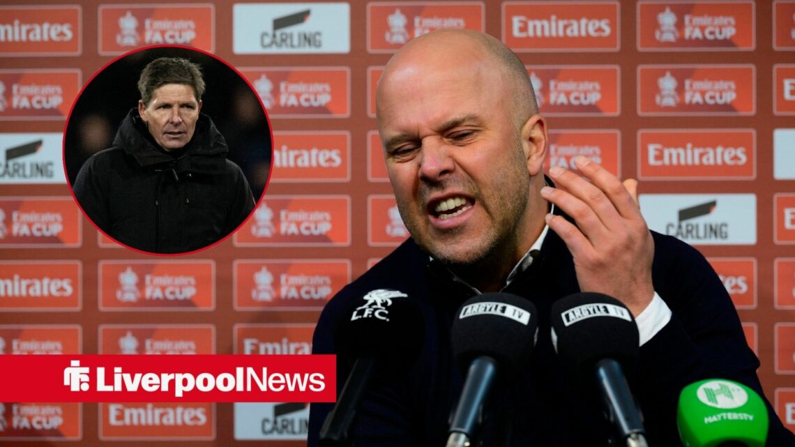 Liverpool manager Arne Slot looking furious, Oliver Glasner in inset.