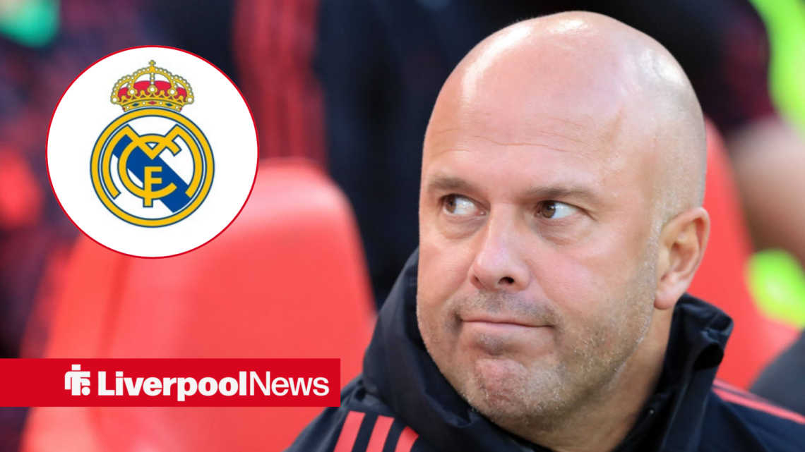 An image of Arne Slot looking moody, next to a circular inset of a Real Madrid badge