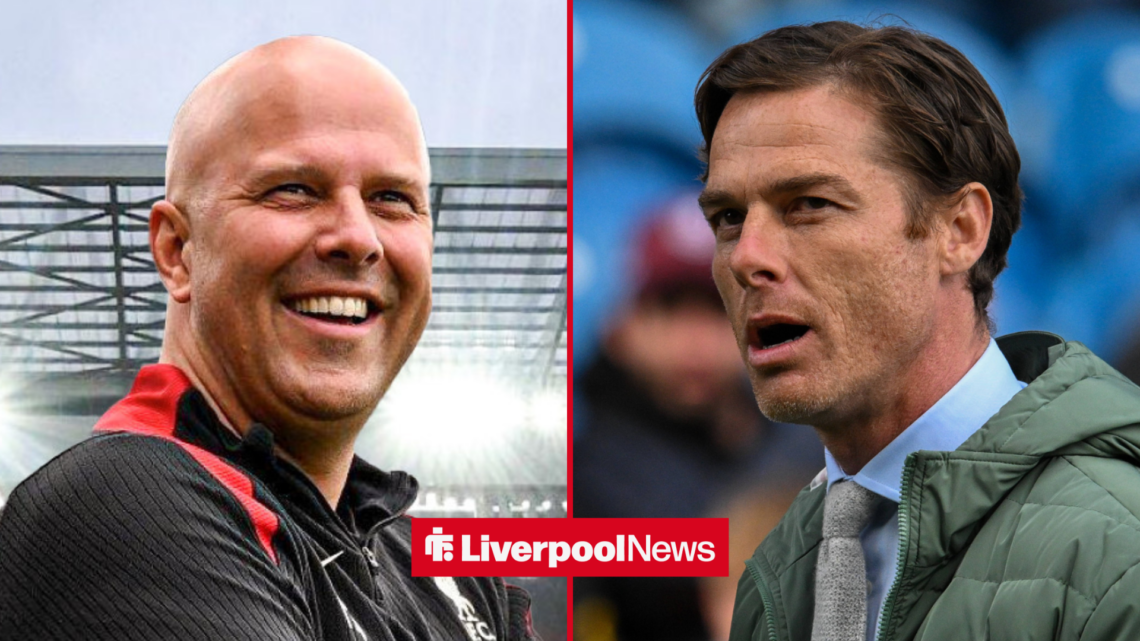 An image of Arne Slot smiling, next to a picture of Scott Parker looking stern