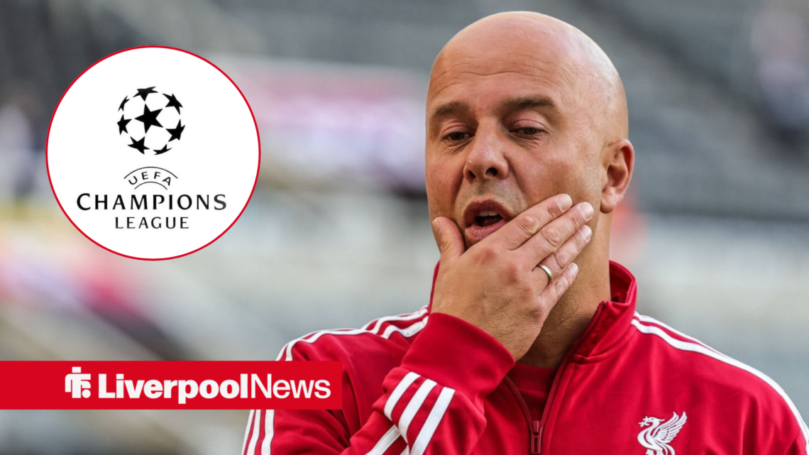 An image of Arne Slot thinking, next to a circular inset of the Champions League logo