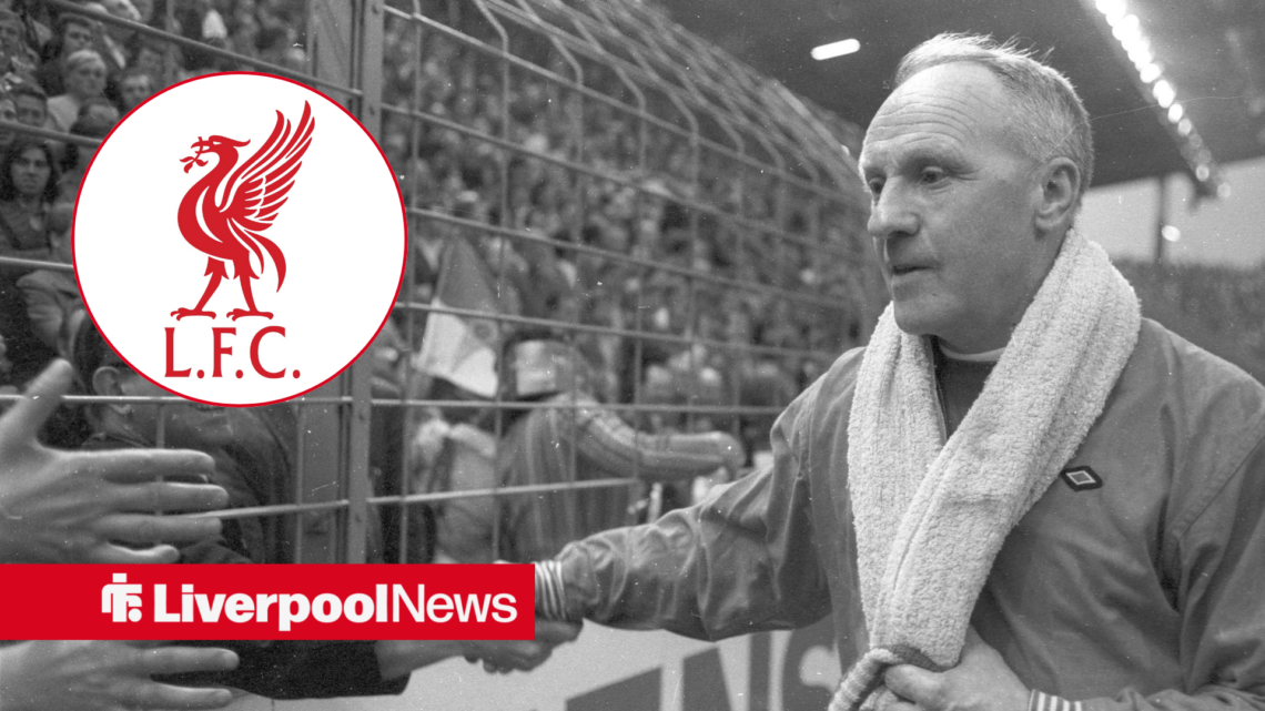 An image of Bill Shankly shaking hands with Liverpool fans, next to a circular inset of the Liverpool badge