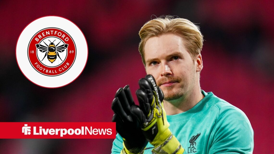 An image of Caoimhin Kelleher warming up for Liverpool, next to a circular inset of a Brentford badge