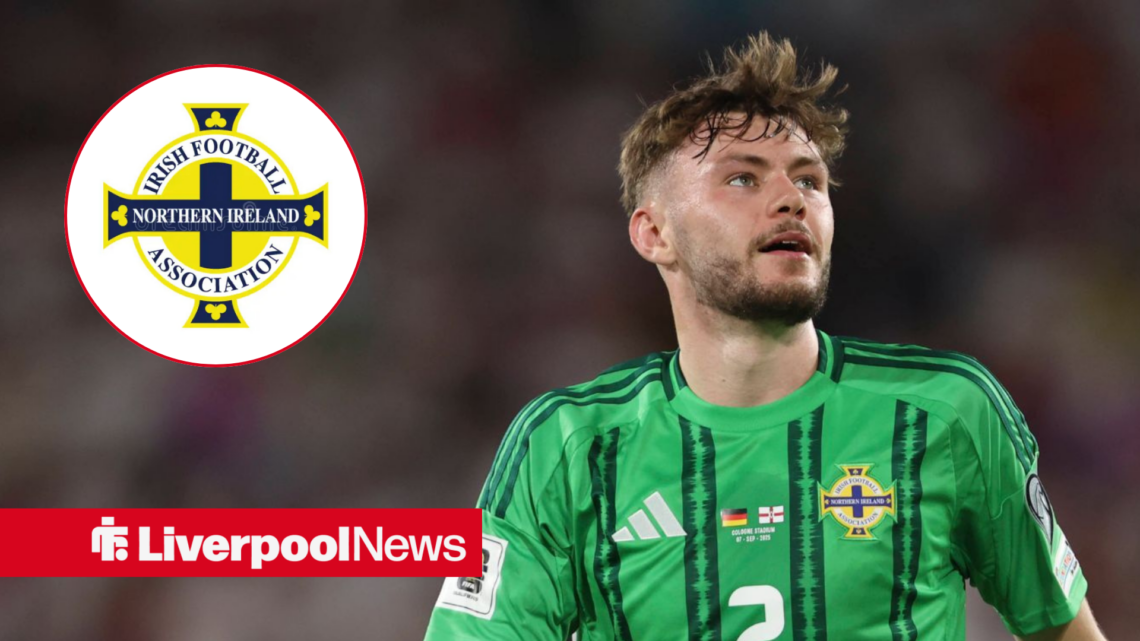An image of Conor Bradley playing for Northern Ireland, next to a circular inset of the Northern Ireland badge