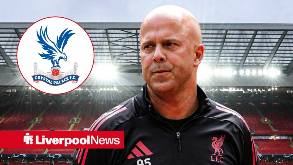 An image of Arne Slot looking emotionless, next to a circular inset of a Crystal Palace badge