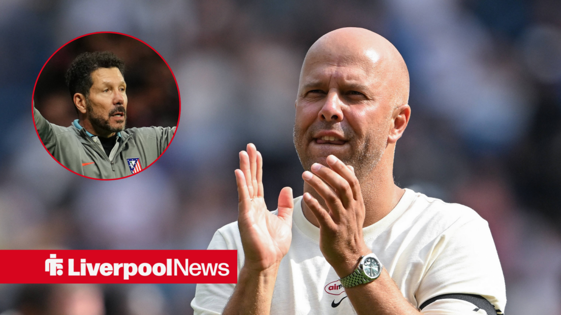 An image of Arne Slot clapping the Liverpool fans, next to a circular inset of Diego Simeone complaining