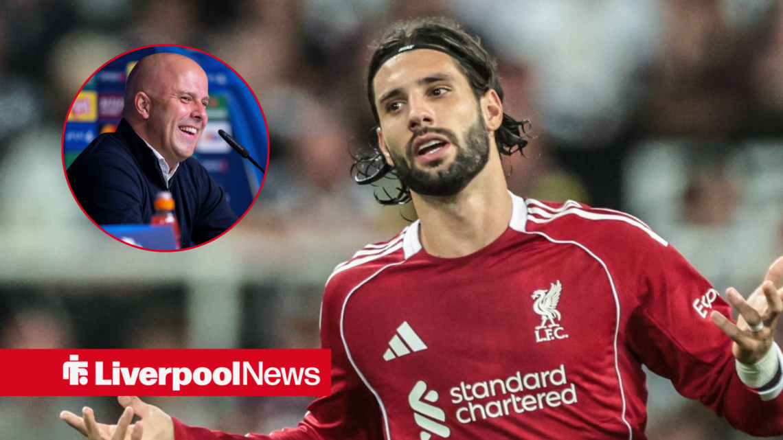 Liverpool star Dominik Szoboszlai looking puzzled, Arne Slot in inset.