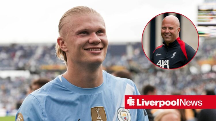 Manchester City star Erling Haaland, Liverpool boss Arne Slot in inset.