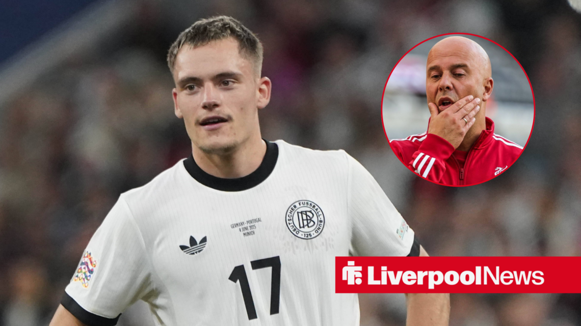 Liverpool star Florian Wirtz in action with Germany, Arne Slot in inset.