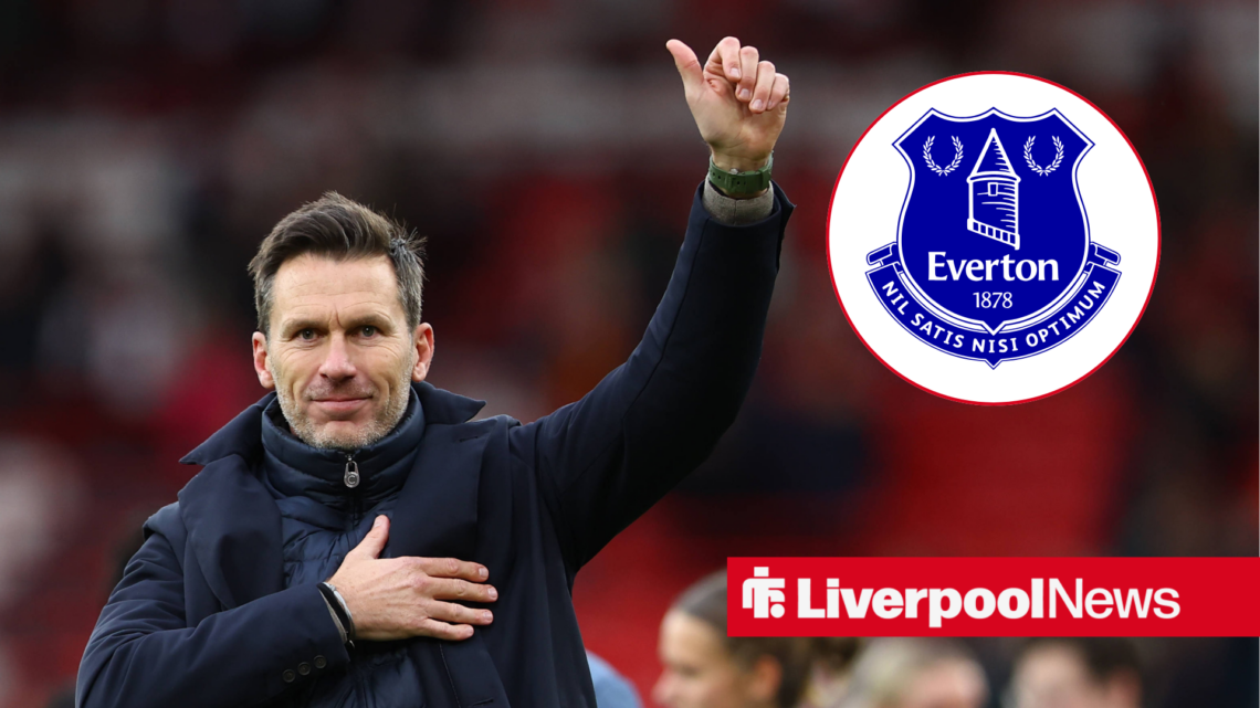 Liverpool Women's boss Gareth Taylor, Everton badge in inset.