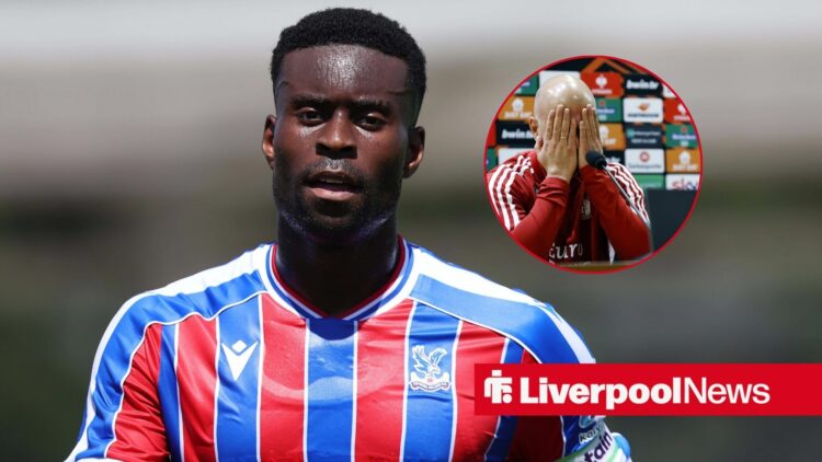 An image of Crystal Palace ace Marc Guehi and a circular inset of Arne Slot with his head in his hands.