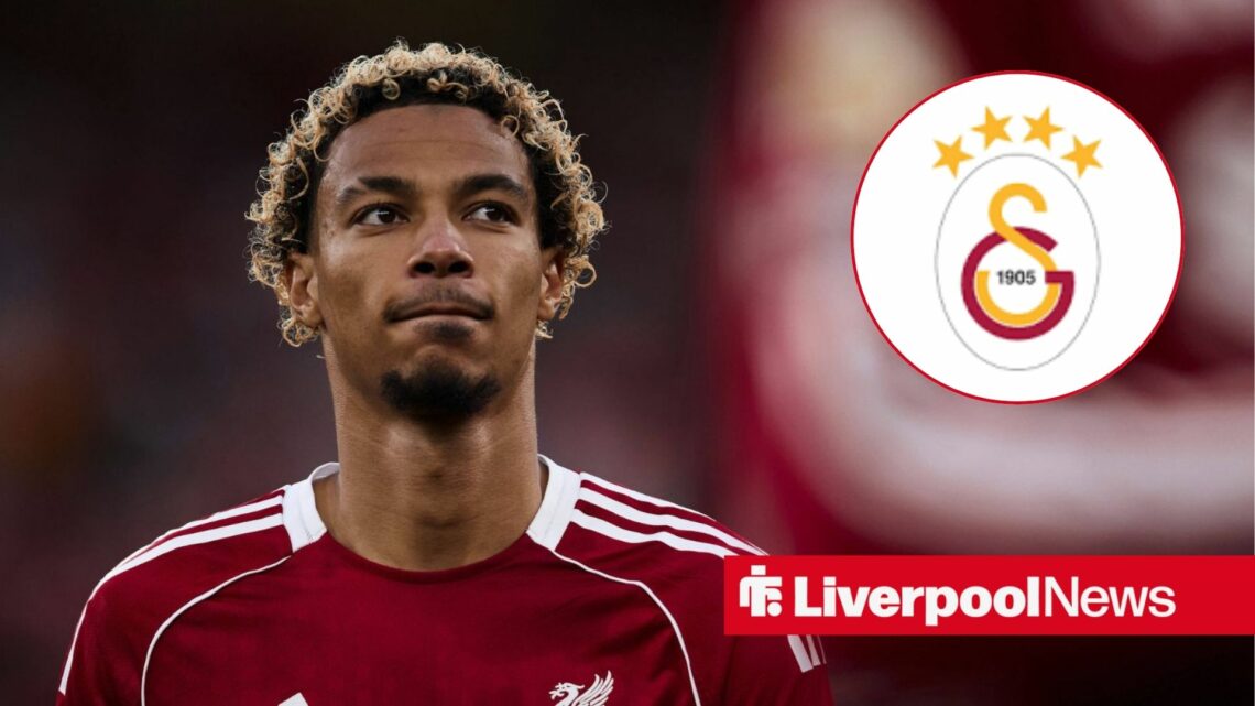 An image of Hugo Ekitike playing for Liverpool, next to a circular inset of a Galatasaray badge