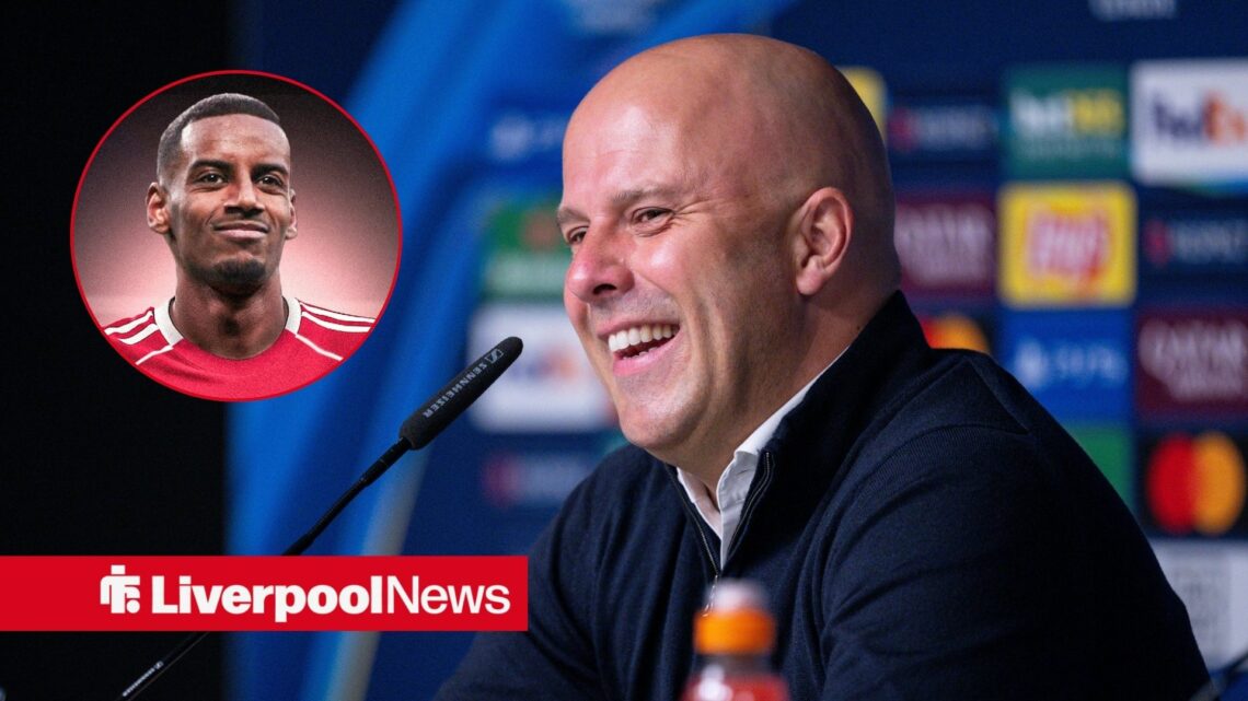 Arne Slot smiling in press conference and Alexander Isak in circular inset