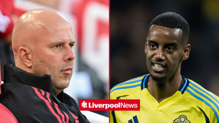 An image of Arne Slot looking moody, next to an image of Alexander Isak playing for Sweden
