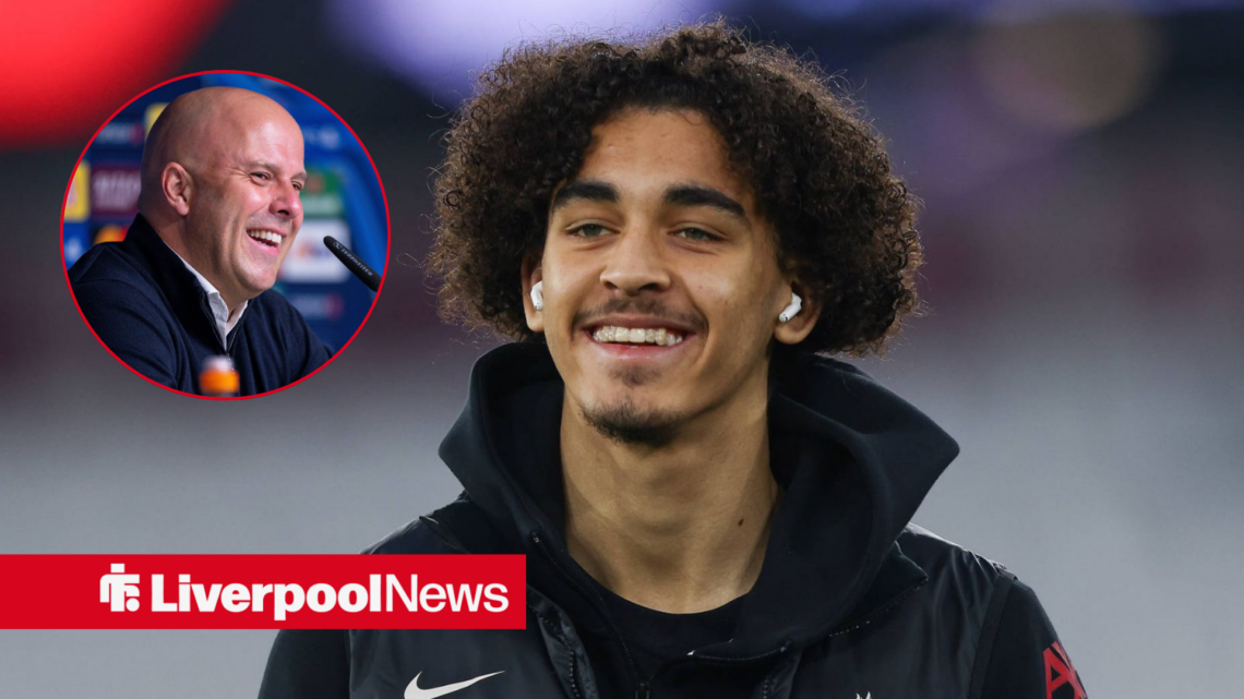 Liverpool star Jayden Danns looking happy, Arne Slot in inset.