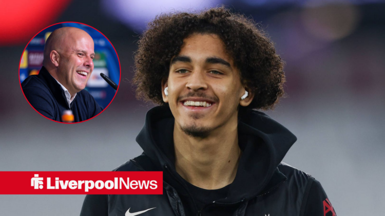 Liverpool star Jayden Danns looking happy, Arne Slot in inset.