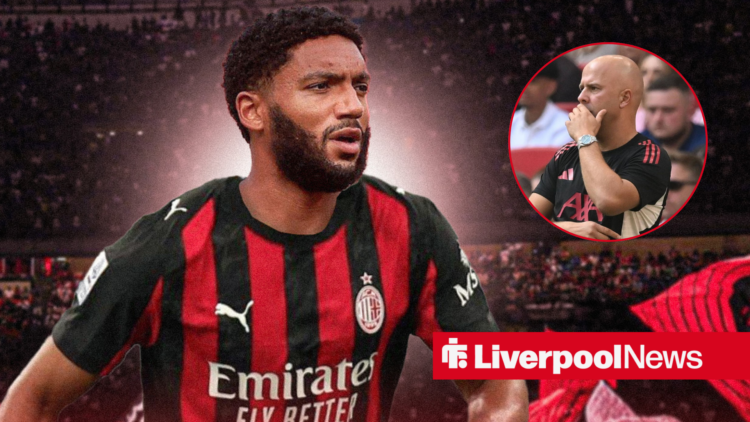 Liverpool star Joe Gomez in an AC Milan shirt, Arne Slot in inset.