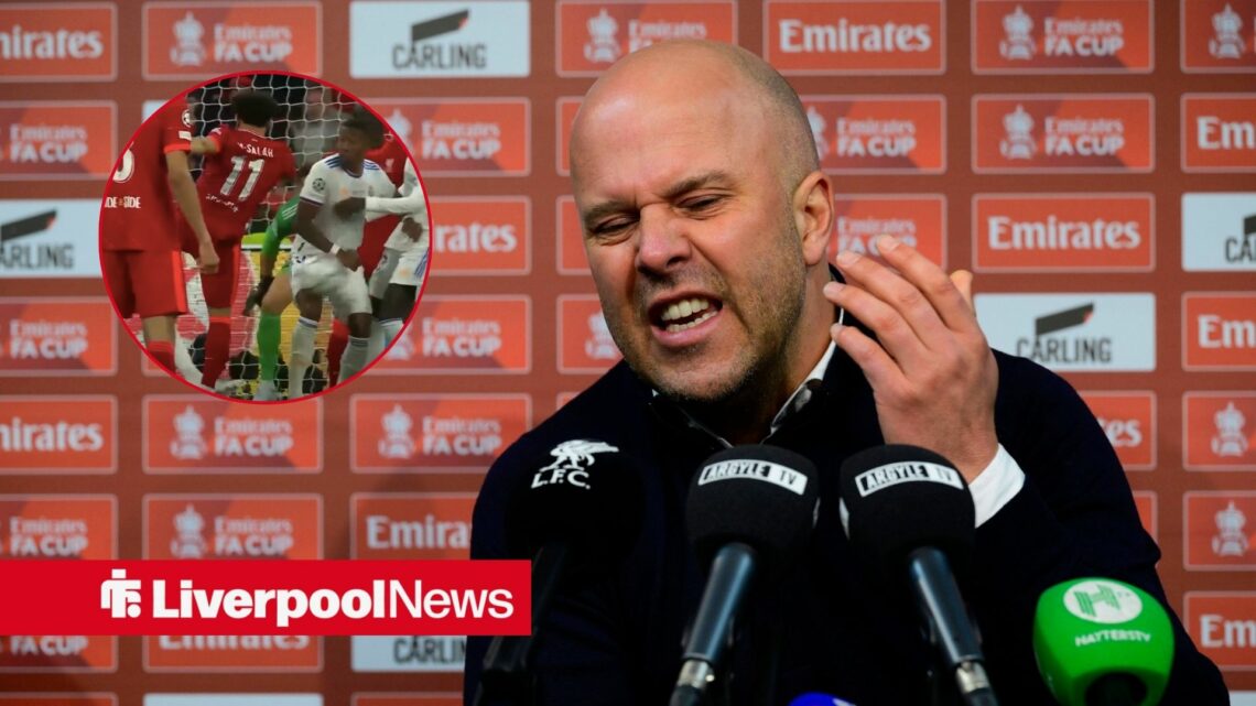 Liverpool boss Arne Slot looking furious, incident vs Real Madrid in inset.