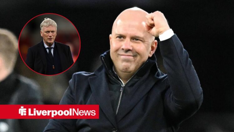 Liverpool manager Arne Slot looking happy, David Moyes looking angry.