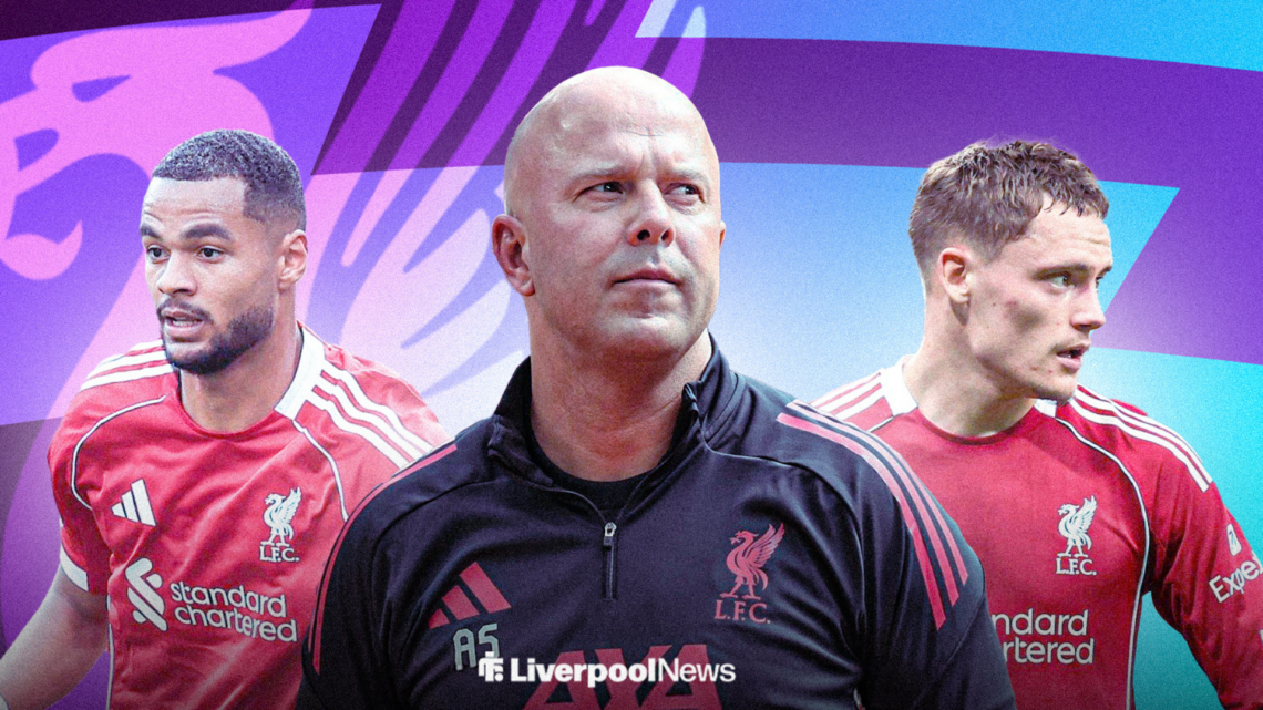 Liverpool manager Arne Slot with Florian Wirtz and Cody Gakpo.