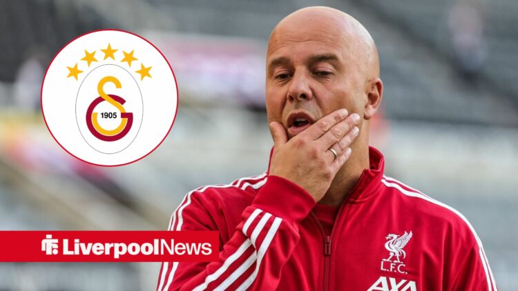 Liverpool boss Arne Slot looking upset, Galatasaray badge in inset.