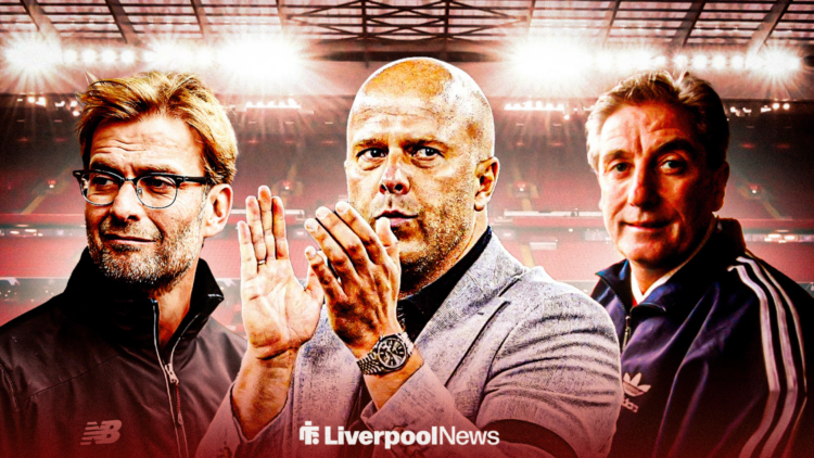 Liverpool boss Arne Slot, with Jurgen Klopp on the left and Roy Evans on the right.