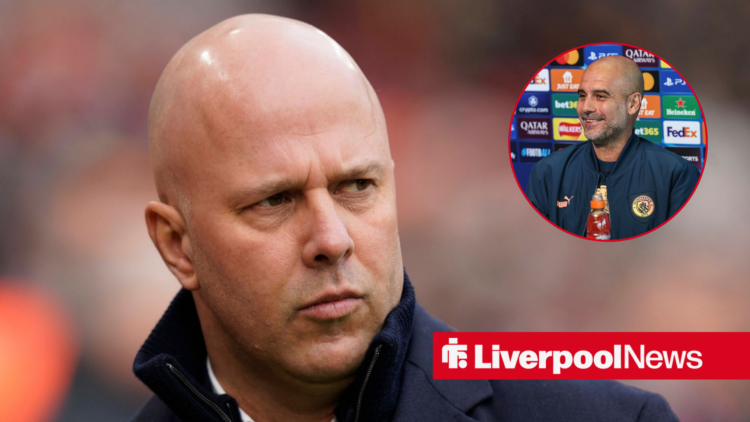 Liverpool manager Arne Slot, Pep Guardiola in inset.
