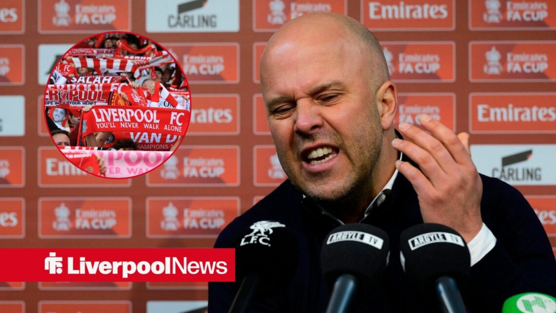 Liverpool boss Arne Slot looking livid, Liverpool fans in inset.