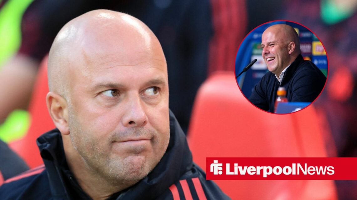 Liverpool boss Arne Slot looking upset, looking happy in inset.