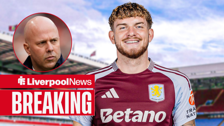Liverpool star Harvey Elliott in an Aston Villa shirt, Arne Slot in inset.