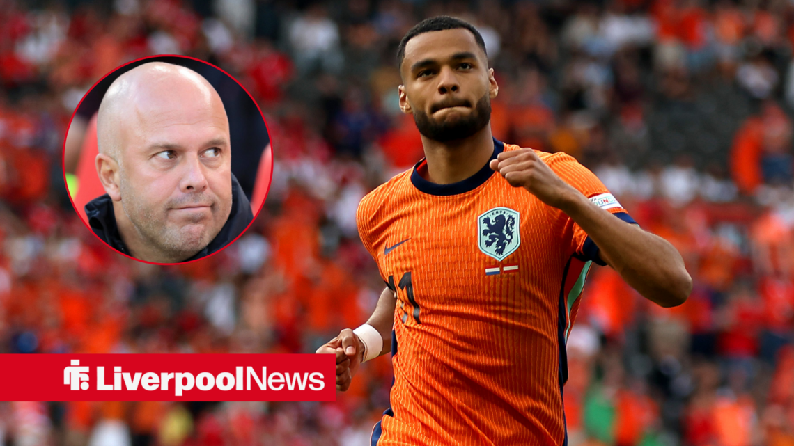 Liverpool star Cody Gakpo in Netherlands action, Arne Slot in inset.