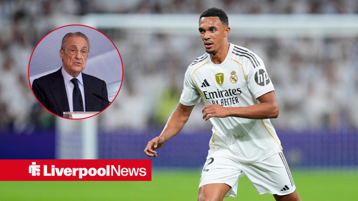 Former Liverpool star Trent Alexander-Arnold in action for Real Madrid, Florentino Perez in inset.