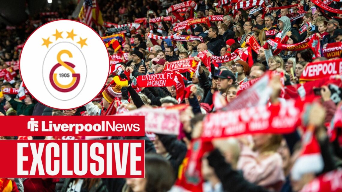 An image of Liverpool fans at Anfield, next to a circular inset with a Galatasaray badge