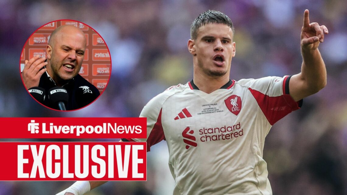 Liverpool star Milos Kerkez looking confused, Arne Slot in inset.
